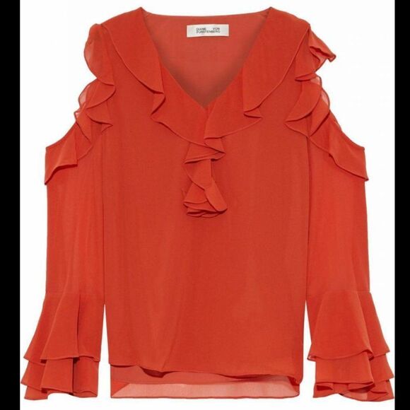 DIANE VON FURSTENBERG Essie Cold Shoulder Ruffled Chiffon Top In Brick - Picture 9 of 10
